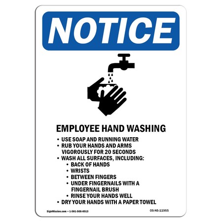 Signmission OSHA Sign, Employee Hand Washing With Symbol, 18in X 12in Rigid Plastic, 12" W, 18" L, Portrait OS-NS-P-1218-V-11955